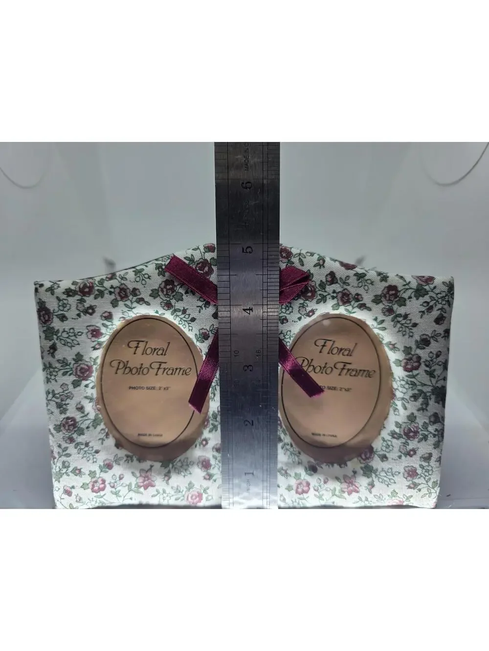 Vintage Floral Fabric Double Oval Photo Frame With Bow CUTE!